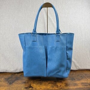 Neiman Marcus Embossed Faux Leather Tote Bag L Reptile Print Turquoise Blue Open